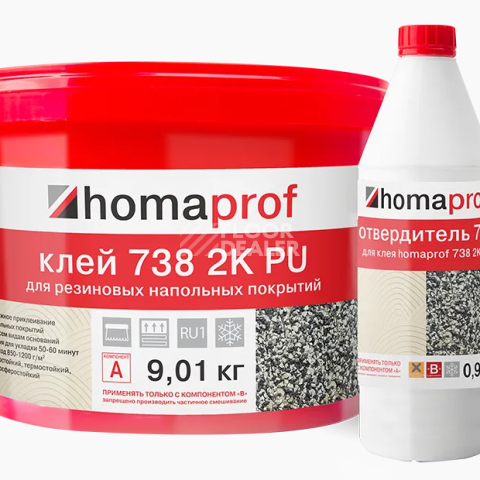 Сопутствующие материалы Homaprof 797 2K PU  Универсальный двухкомпонентный полиуретановый клей для напольных покрытий Homaprof 738 2K PU  (9,01 кг + 0,99 кг) Клей для резиновых напольных покрытий, 2K полиуретановый фото 1 | FLOORDEALER